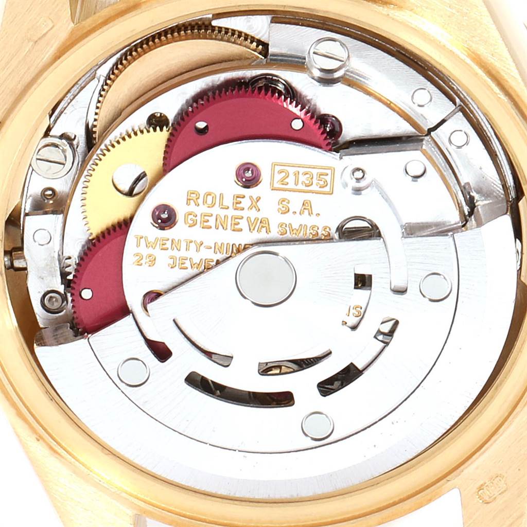 This image shows the internal movement mechanism of a Rolex President 69138 Women
s Yellow Gold White Dial 69138 Women
s Yellow Gold White Dial model watch, viewed from the back.