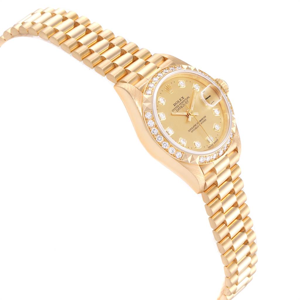 The image shows a Rolex President 69268 Women
s Yellow Gold Champagne Dial 69268 Women
s Yellow Gold Champagne Dial model watch, angled to display the face, bezel, and part of the gold bracelet.