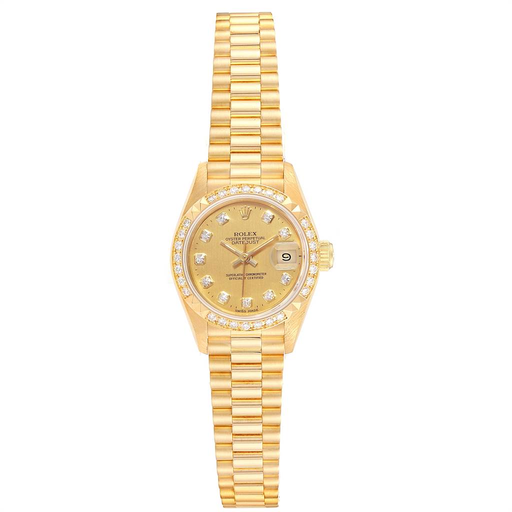 The Rolex President 69268 Women
s Yellow Gold Champagne Dial 69268 Women
s Yellow Gold Champagne Dial model watch is shown from the front, displaying the face, bezel, crown, and bracelet.