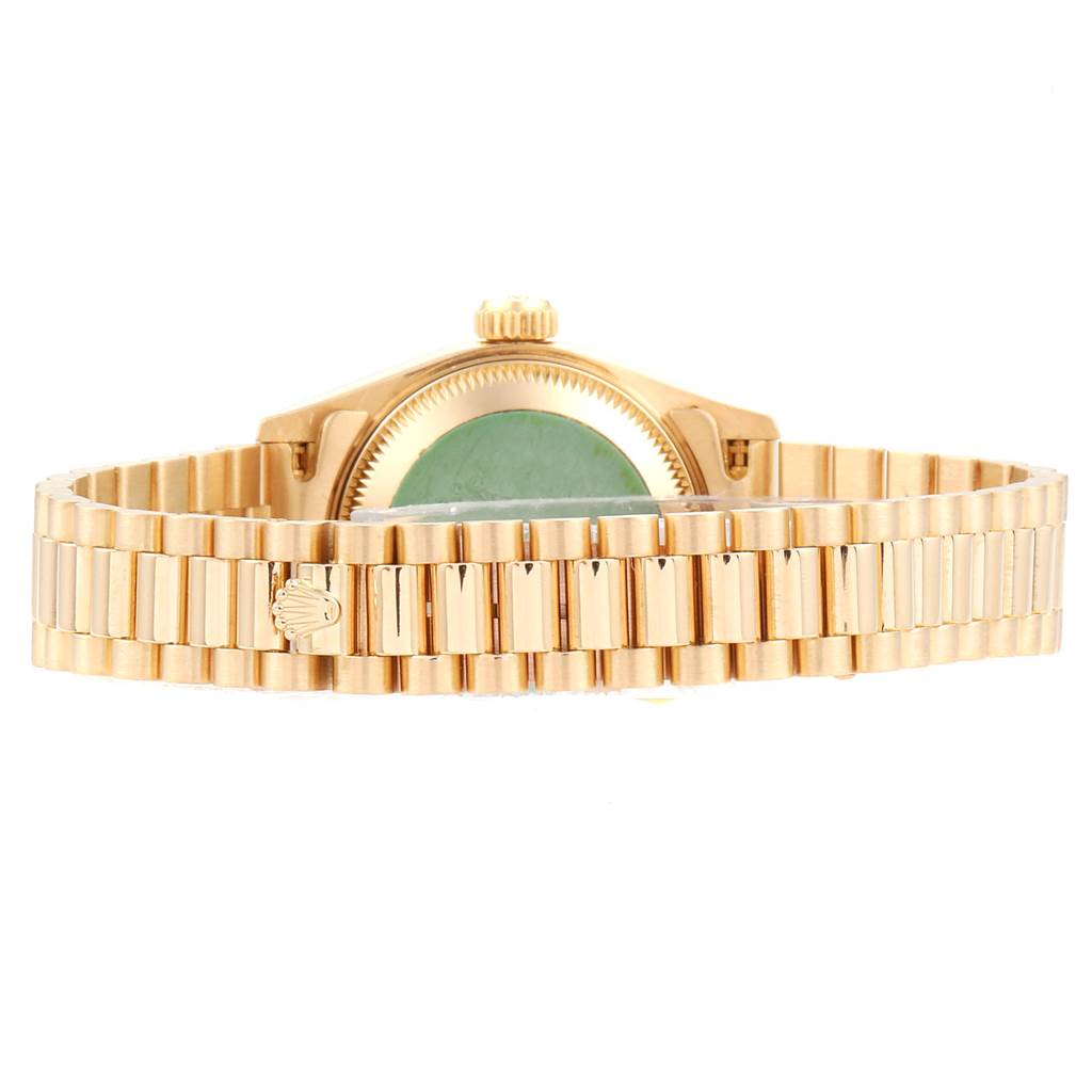 The image shows the back case and bracelet of a Rolex President 69268 Women
s Yellow Gold Champagne Dial 69268 Women
s Yellow Gold Champagne Dial model watch from a rear angle.