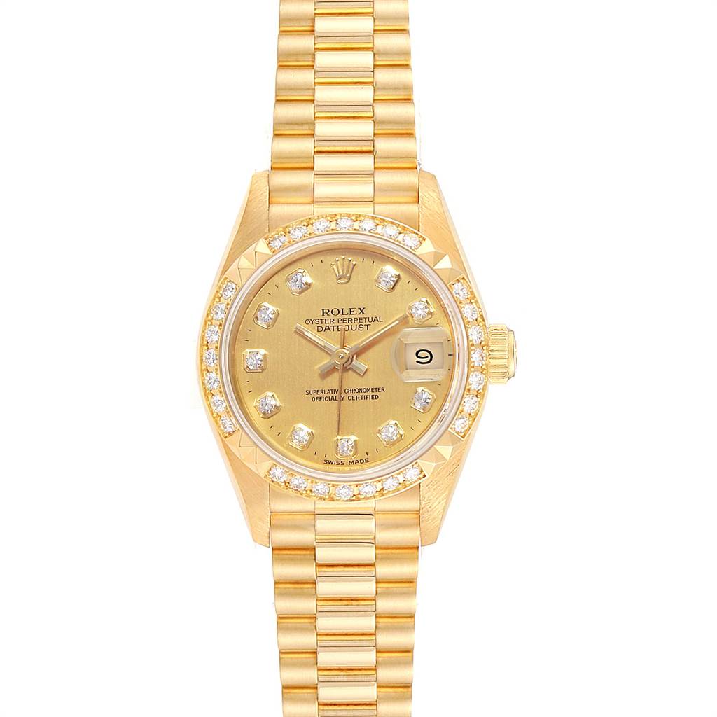 This is a full frontal view of the Rolex President 69268 Women
s Yellow Gold Champagne Dial 69268 Women
s Yellow Gold Champagne Dial model watch, showcasing the dial, bezel, and bracelet.