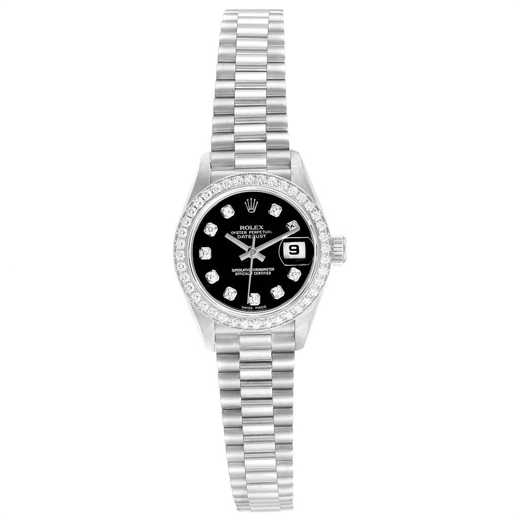 The Rolex President 79179 Women's White Gold Black Dial 79179 Women's White Gold Black Dial model watch is shown from a top-down angle, displaying the face, bezel, and bracelet.