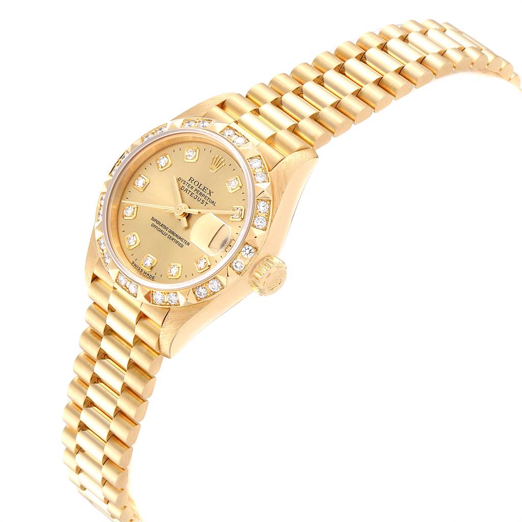 The Rolex President 69258 Women
s Yellow Gold Champagne Dial 69258 Women
s Yellow Gold Champagne Dial model watch is shown at an angled view, displaying the dial, bezel, crown, and bracelet.