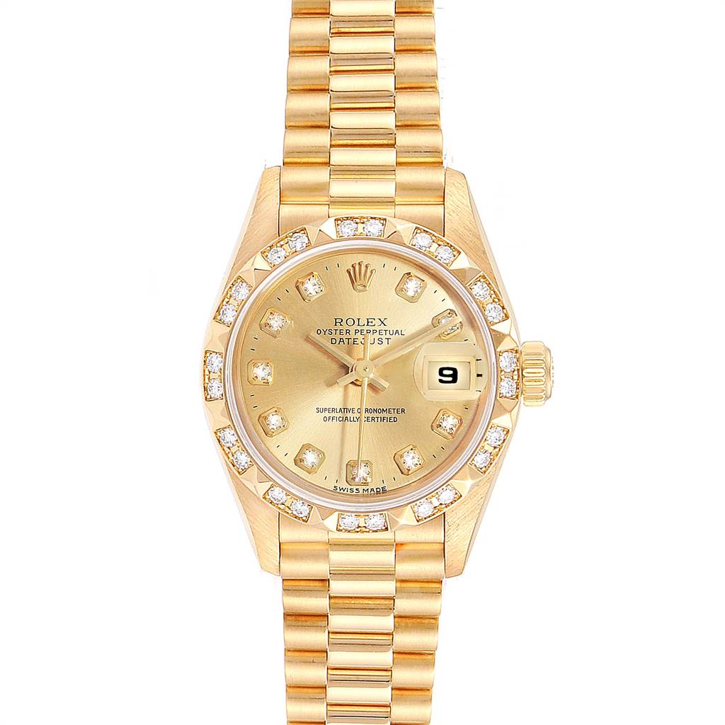 Rolex President Datejust Yellow Gold Pyramid Diamond Bezel Watch 69258 ...