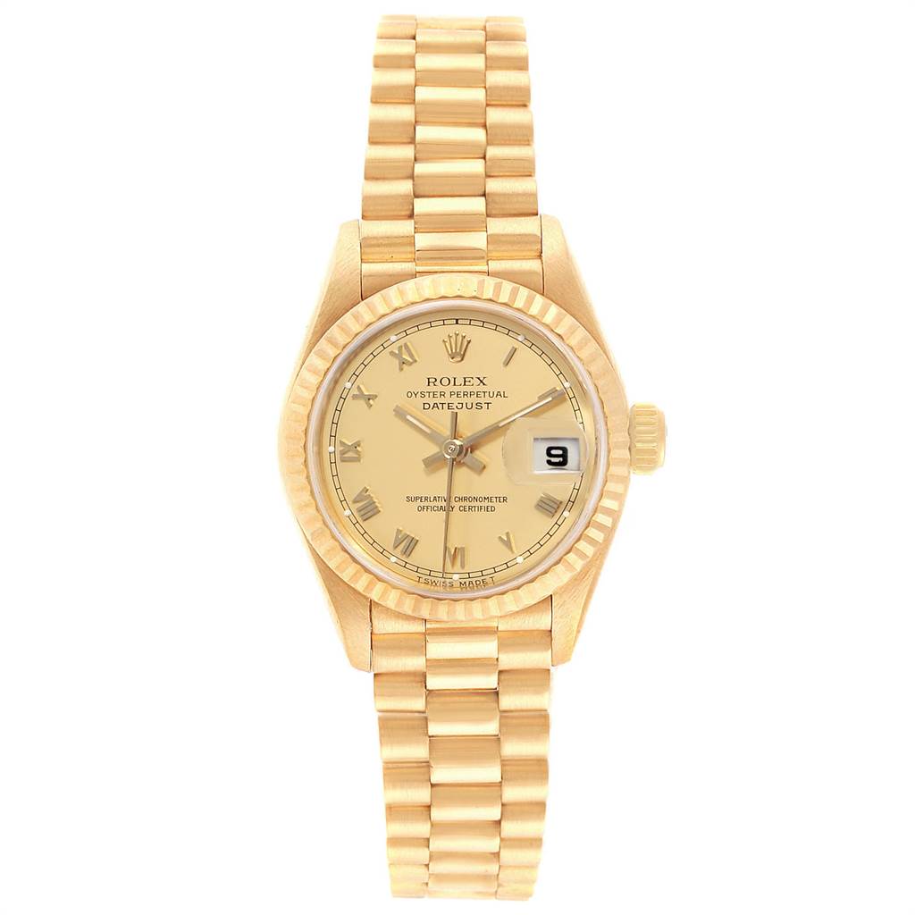 The image shows a front view of the Rolex President 69178 Women's Yellow Gold Champagne Dial 69178 Women's Yellow Gold Champagne Dial Oyster Perpetual Datejust watch, highlighting the dial, bracelet, and crown.