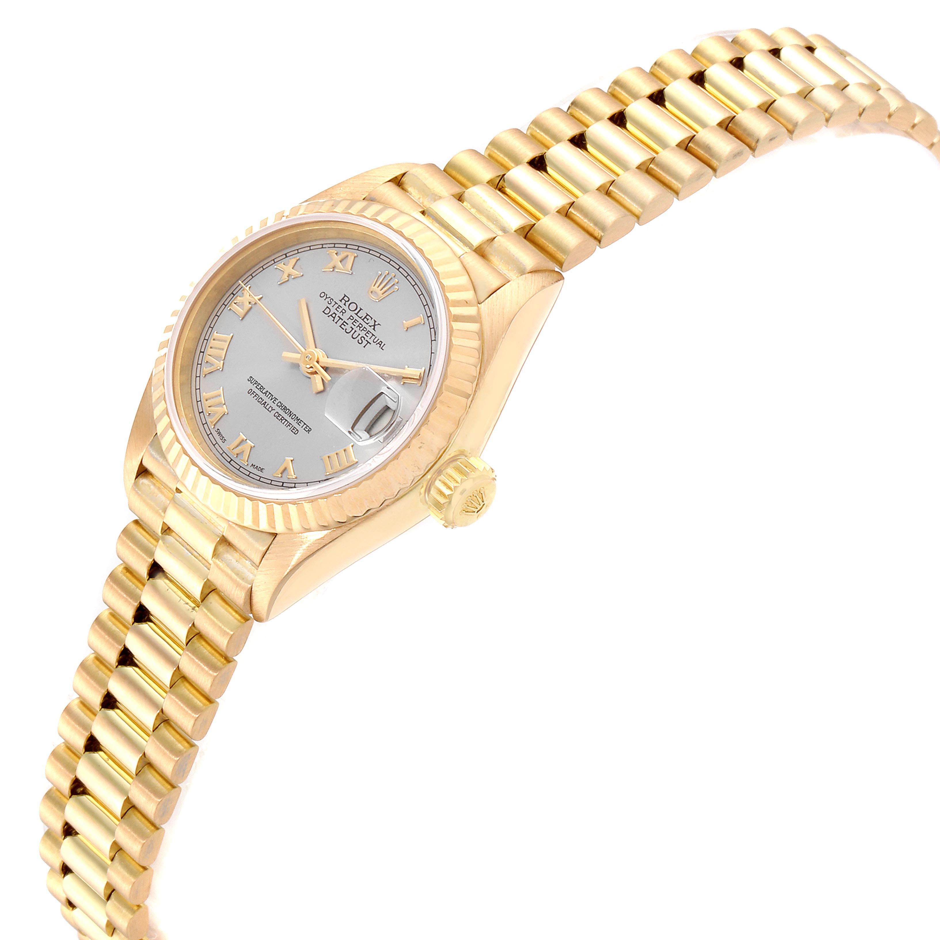 The image shows a Rolex President 69178 Women's Yellow Gold Silver Dial 69178 Women's Yellow Gold Silver Dial model watch at an angled top-side view, displaying the face, crown, and bracelet.
