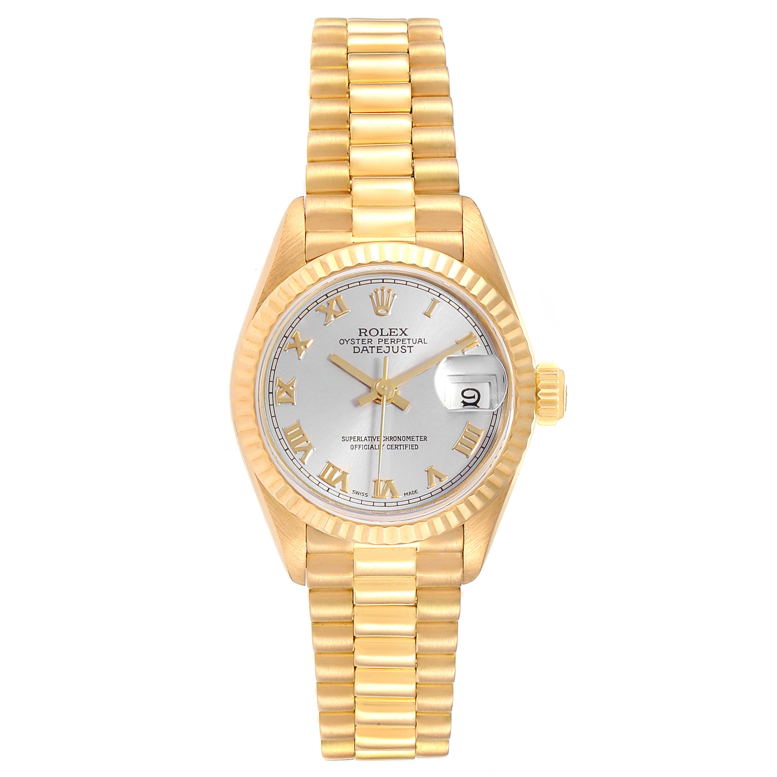 The image shows a Rolex President 69178 Women's Yellow Gold Silver Dial 69178 Women's Yellow Gold Silver Dial model watch from a top-down angle, featuring the bracelet, case, dial, hands, and date window.