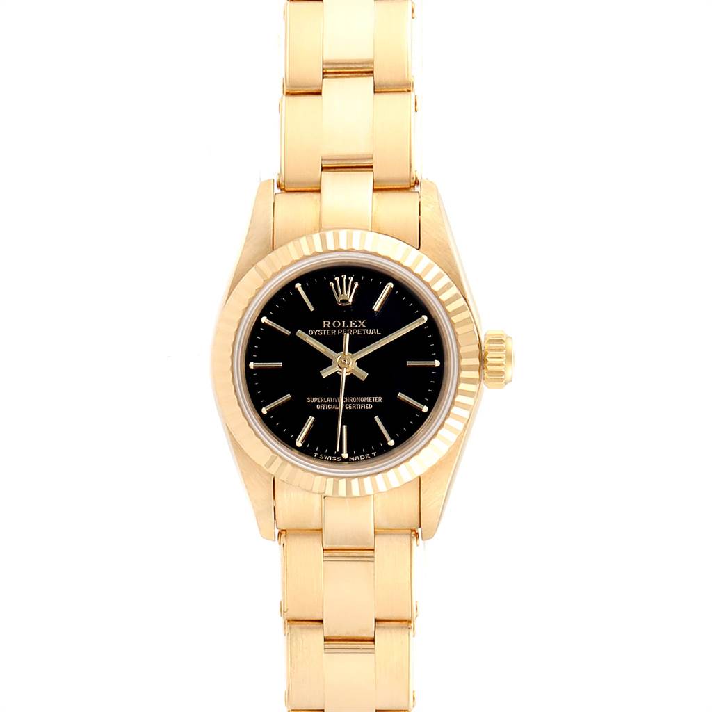 The image shows a Rolex President 67198 Women's Yellow Gold Black Dial 67198 Women's Yellow Gold Black Dial model watch from a straight-on angle, highlighting the black dial, gold case, and bracelet.
