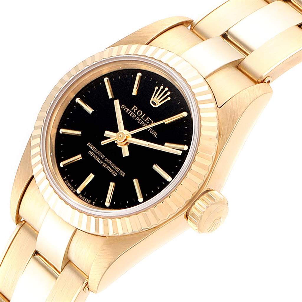 This image shows an angled view of the Rolex President 67198 Women's Yellow Gold Black Dial 67198 Women's Yellow Gold Black Dial model watch, highlighting its face, bezel, crown, and part of the bracelet.