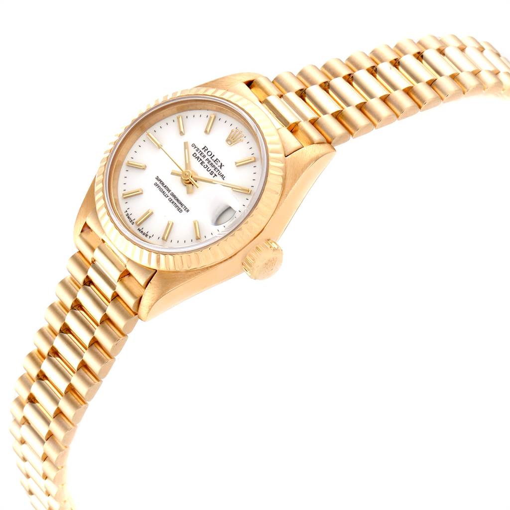 The image shows a Rolex President 69178 Women's Yellow Gold White Dial 69178 Women's Yellow Gold White Dial model watch at an angled side view, highlighting the face, bezel, crown, and part of the bracelet.