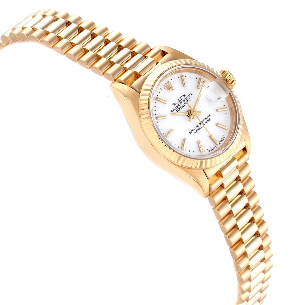 The image showcases the Rolex President 69178 Women's Yellow Gold White Dial 69178 Women's Yellow Gold White Dial model watch at an angled side view, highlighting the gold bracelet, case, and dial.