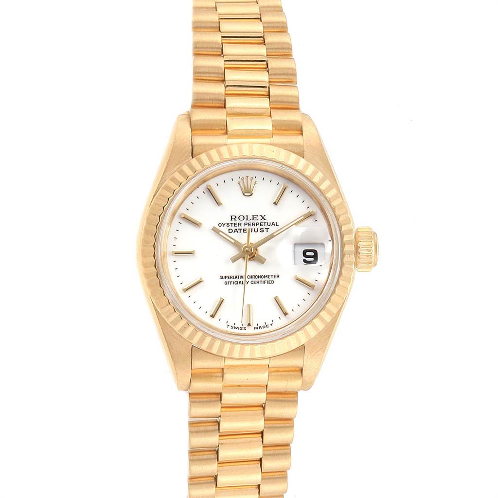 The image shows a front angle of the Rolex President 69178 Women's Yellow Gold White Dial 69178 Women's Yellow Gold White Dial model watch, highlighting its dial, bezel, bracelet, and date window.