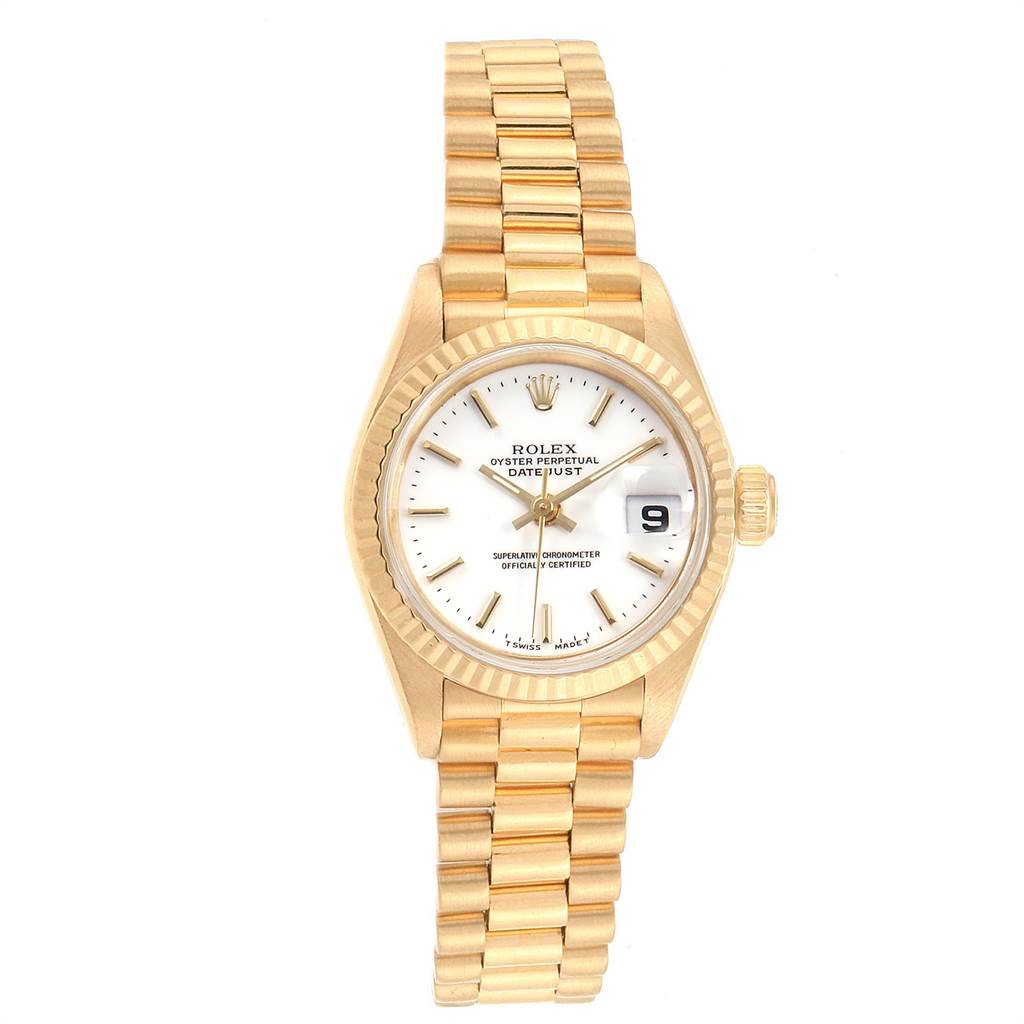A Rolex President 69178 Women's Yellow Gold White Dial 69178 Women's Yellow Gold White Dial model watch is shown from the front, displaying the dial, bracelet, case, and crown.