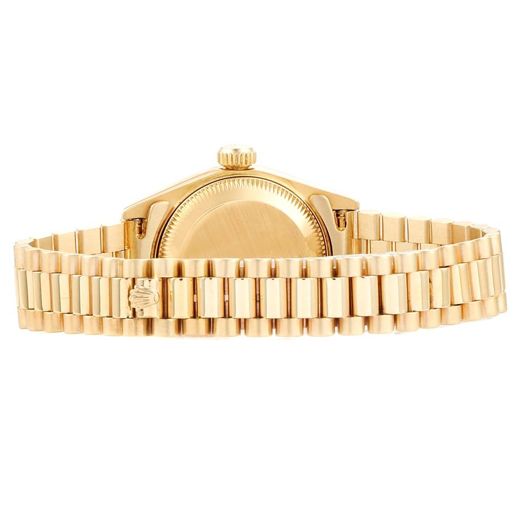 This image shows the back case and bracelet of a Rolex President 69178 Women's Yellow Gold White Dial 69178 Women's Yellow Gold White Dial model watch.