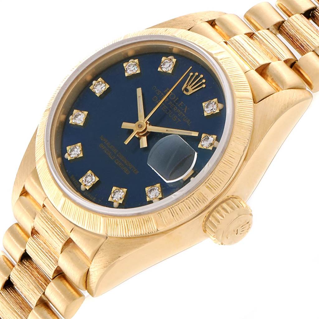 This image shows a Rolex President 69278 Women's Yellow Gold Blue Dial 69278 Women's Yellow Gold Blue Dial model watch viewed from a top-front angle, highlighting its dial, crown, and bracelet.