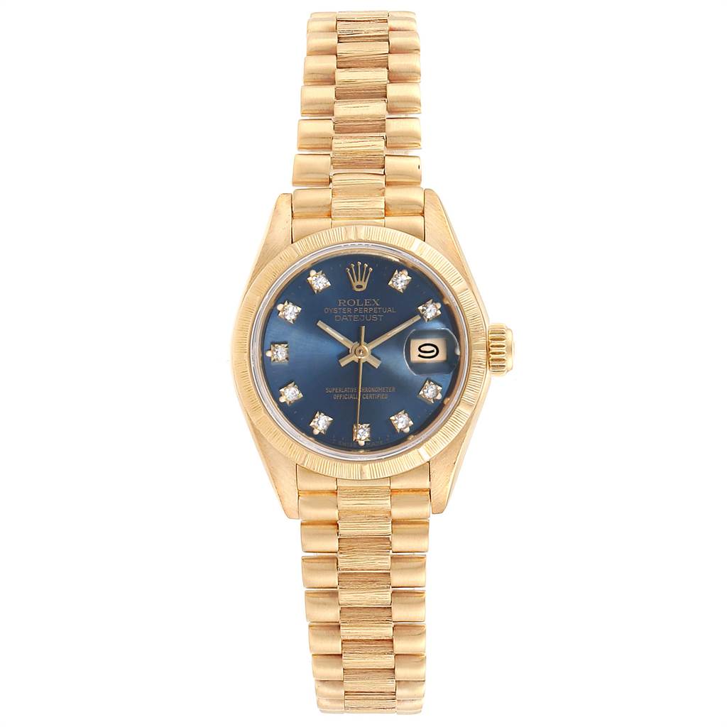 This image shows a front view of a Rolex President 69278 Women's Yellow Gold Blue Dial 69278 Women's Yellow Gold Blue Dial model watch, displaying its face, bezel, and bracelet.