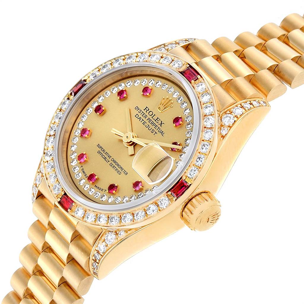 The image shows a Rolex President 69238 Women
s Yellow Gold Champagne Dial 69238 Women
s Yellow Gold Champagne Dial Datejust watch from a three-quarter angle, featuring a gold dial, diamond bezel, and President bracelet.
