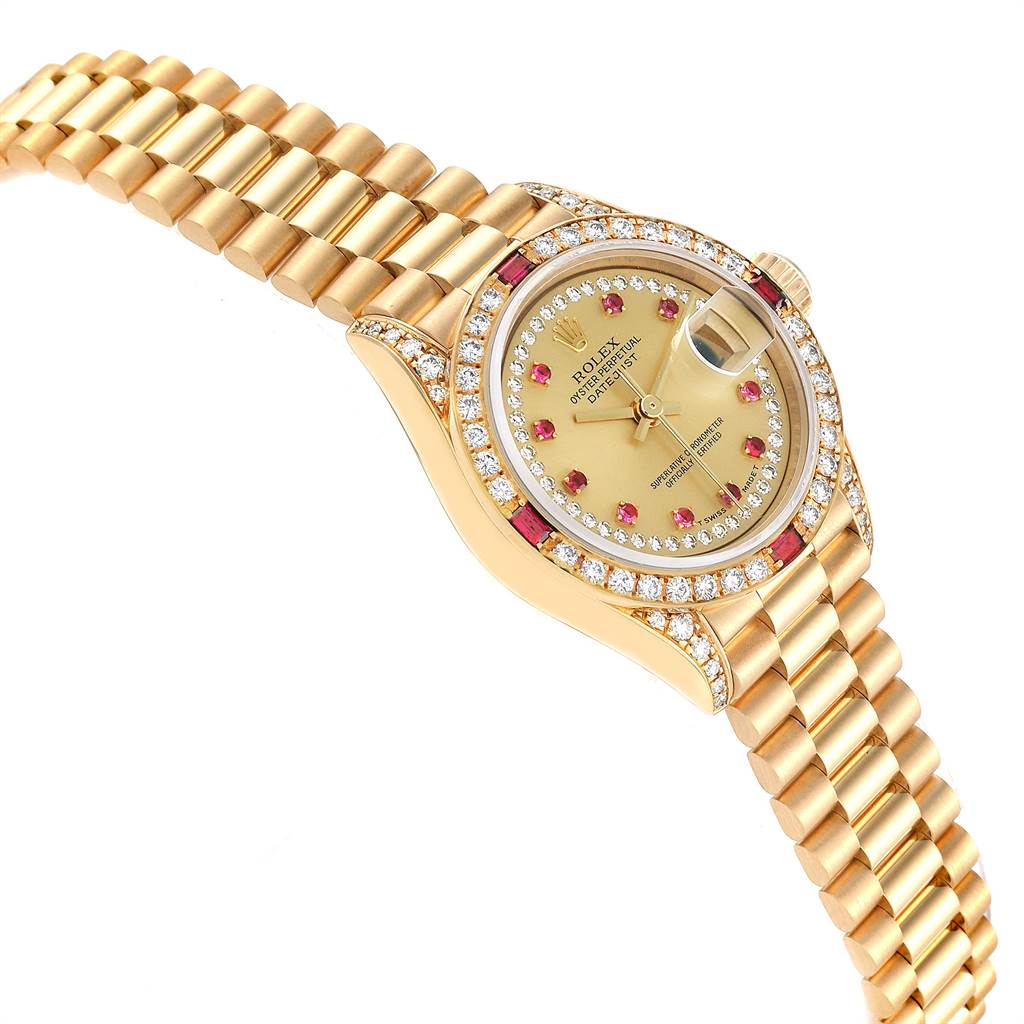 This image shows a side angle of the Rolex President 69238 Women
s Yellow Gold Champagne Dial 69238 Women
s Yellow Gold Champagne Dial model watch, highlighting its yellow gold band and diamond-encrusted bezel.