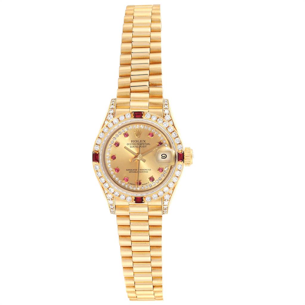 This image shows a frontal view of the Rolex President 69238 Women
s Yellow Gold Champagne Dial 69238 Women
s Yellow Gold Champagne Dial model watch, featuring the dial, bezel, bracelet, and crown.