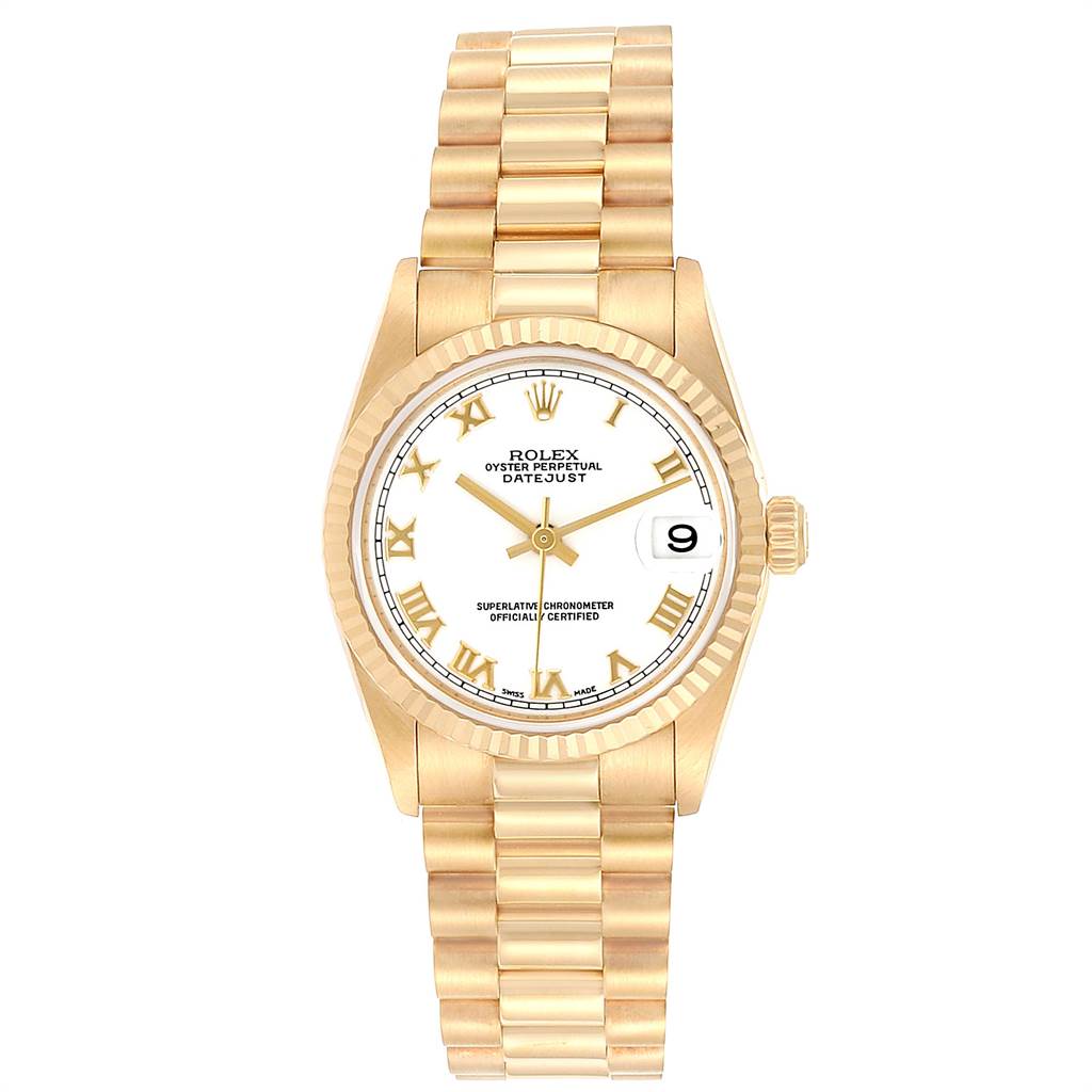 The image shows a Rolex President 78278 Women
s Yellow Gold White Dial 78278 Women
s Yellow Gold White Dial model watch with a gold bracelet, white dial, and Roman numerals, viewed from the front.