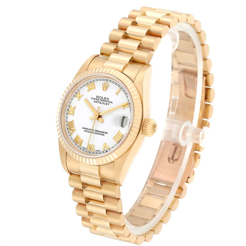 The image shows the Rolex President 78278 Women
s Yellow Gold White Dial 78278 Women
s Yellow Gold White Dial model watch from an angled side view, highlighting the bracelet, case, and dial.