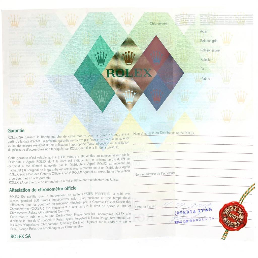 The image shows a warranty certificate and chronometer certification for a Rolex President 78278 Women
s Yellow Gold White Dial 78278 Women
s Yellow Gold White Dial model watch.