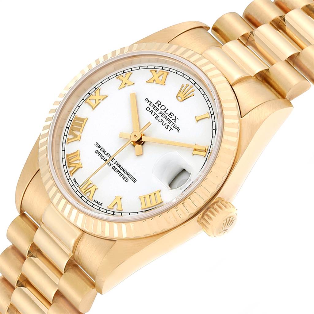 The Rolex President 78278 Women
s Yellow Gold White Dial 78278 Women
s Yellow Gold White Dial model watch shown is viewed at an angle showcasing the face, bezel, crown, and part of the bracelet.