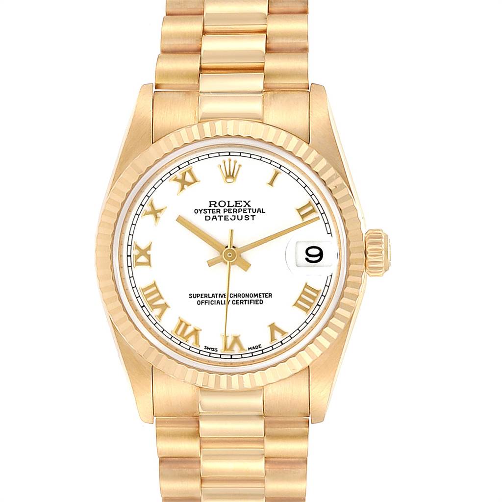 The image shows a front view of a Rolex President 78278 Women
s Yellow Gold White Dial 78278 Women
s Yellow Gold White Dial model watch, highlighting its gold bracelet, white dial, and date display.