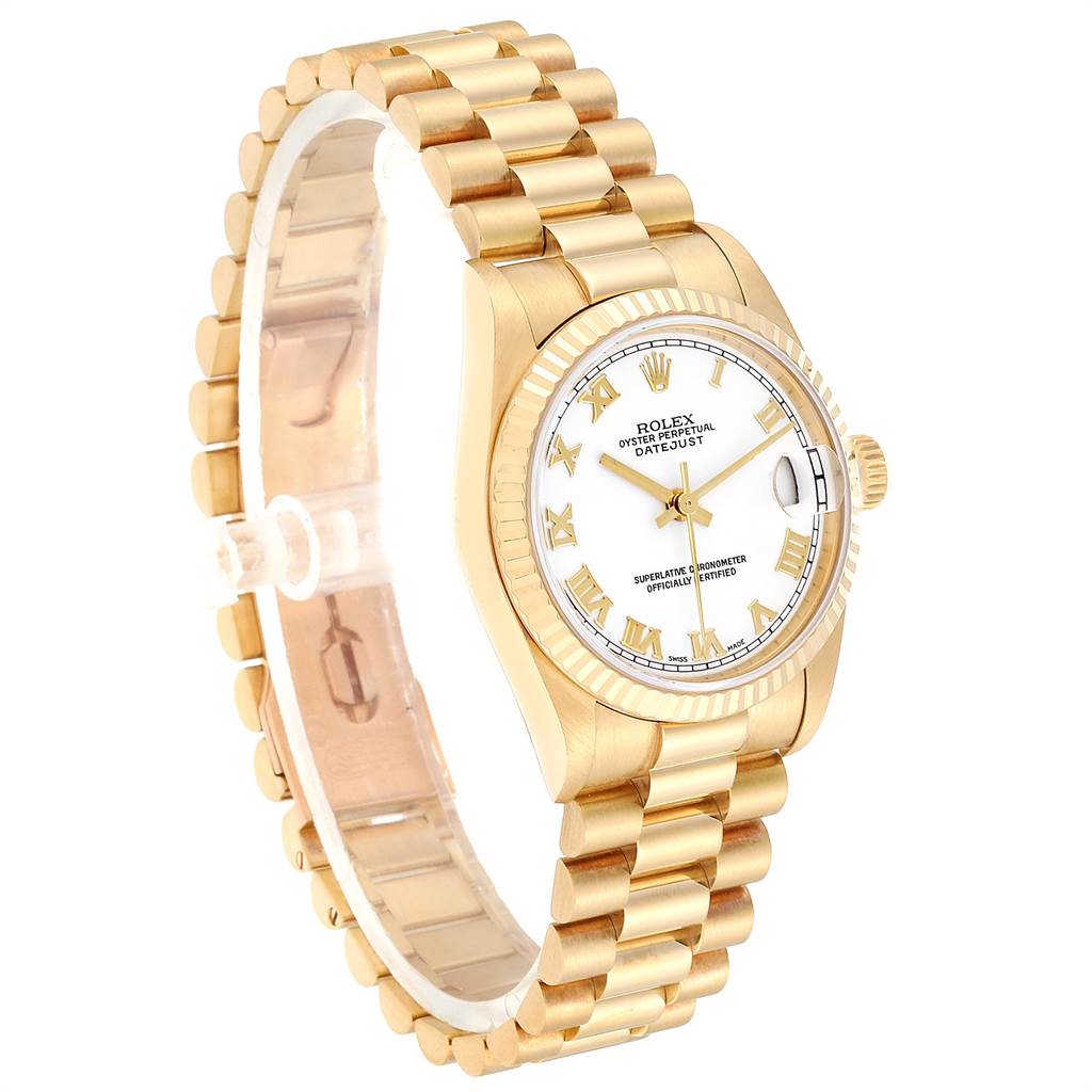 The Rolex President 78278 Women
s Yellow Gold White Dial 78278 Women
s Yellow Gold White Dial model watch is shown from a side angle, displaying its gold band, white dial, and date window.