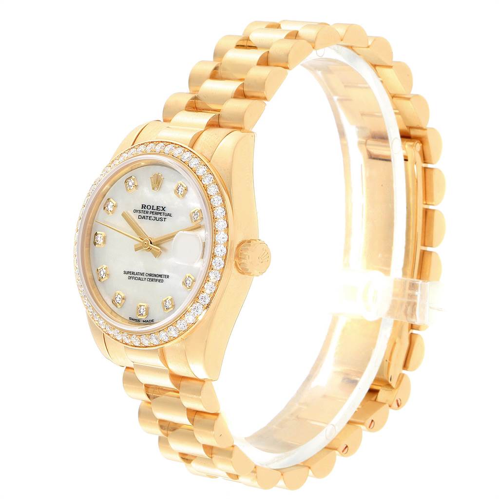 The image showcases a side angle of a Rolex President 178288 Women's Yellow Gold Mother of Pearl Dial 178288 Women's Yellow Gold Mother of Pearl Dial model watch, highlighting the bezel, dial, and bracelet.