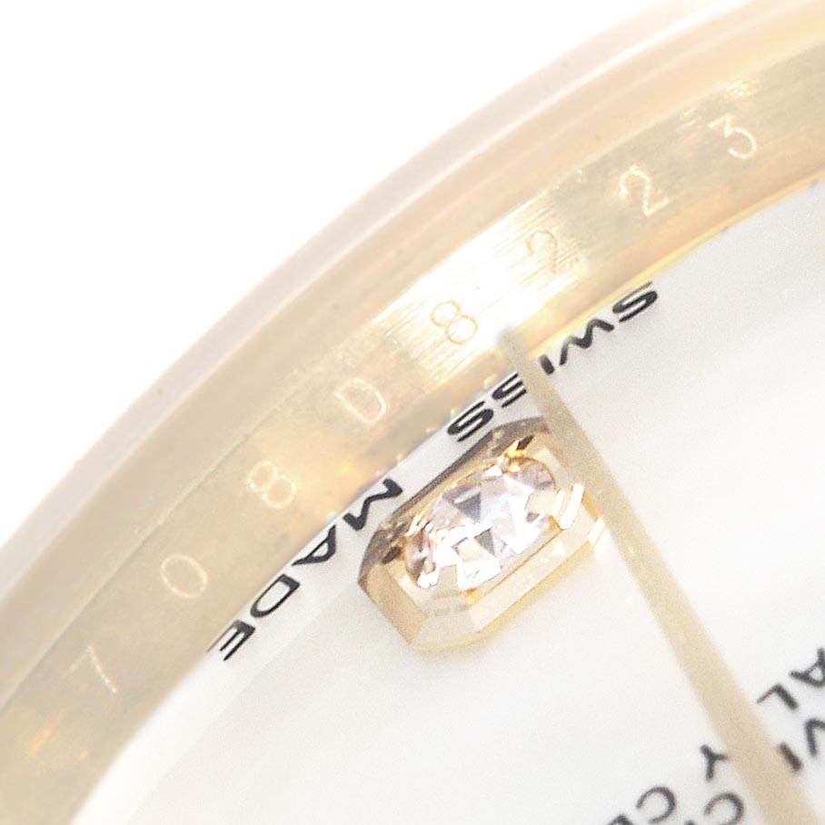 The image shows a close-up of the dial and diamond marker of a Rolex President 178288 Women's Yellow Gold Mother of Pearl Dial 178288 Women's Yellow Gold Mother of Pearl Dial model watch, highlighting the "Swiss Made" text.