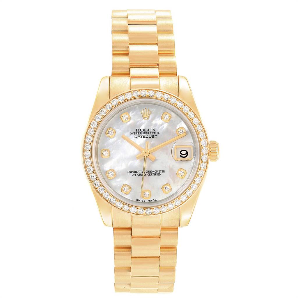 The image shows a front view of a Rolex President 178288 Women's Yellow Gold Mother of Pearl Dial 178288 Women's Yellow Gold Mother of Pearl Dial model watch, featuring a gold bracelet, diamond bezel, and a date display.