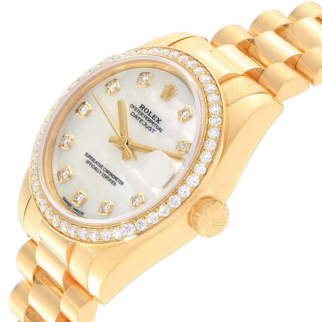 The image shows a Rolex President 178288 Women's Yellow Gold Mother of Pearl Dial 178288 Women's Yellow Gold Mother of Pearl Dial watch angled to highlight the face, bezel, crown, and part of the bracelet.
