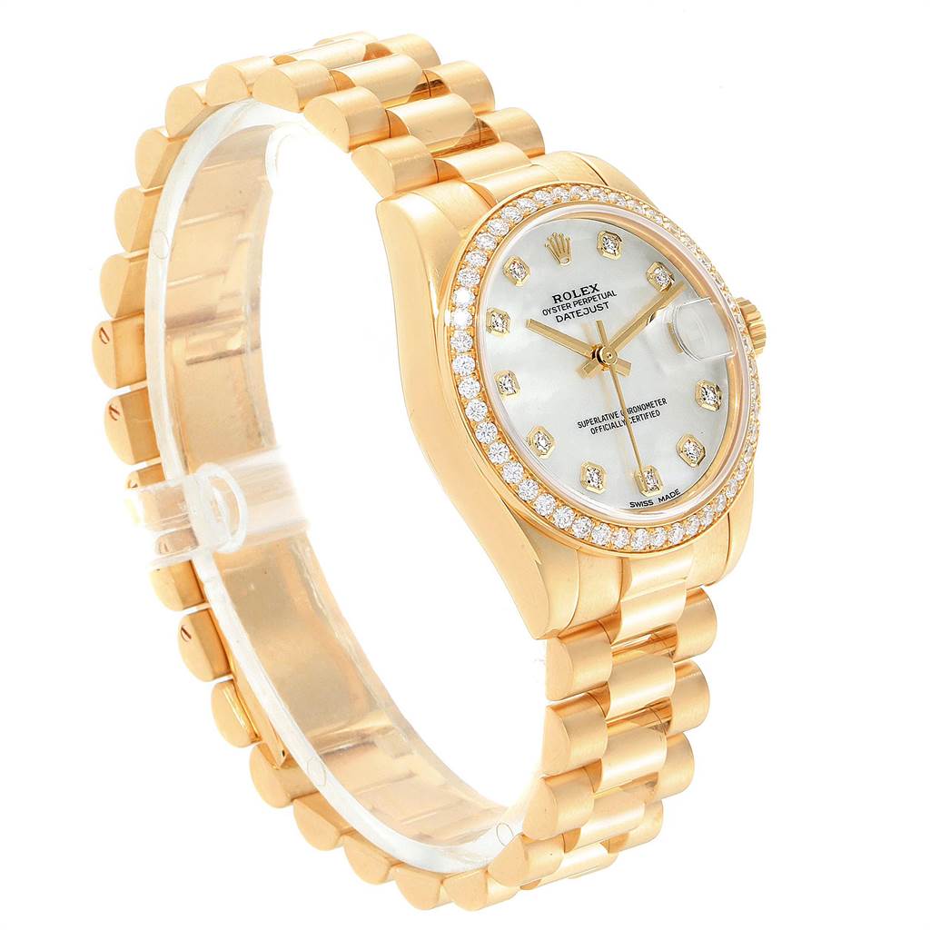 The Rolex President 178288 Women's Yellow Gold Mother of Pearl Dial 178288 Women's Yellow Gold Mother of Pearl Dial watch is shown at a three-quarter angle, highlighting its gold bracelet, diamond bezel, and white dial.