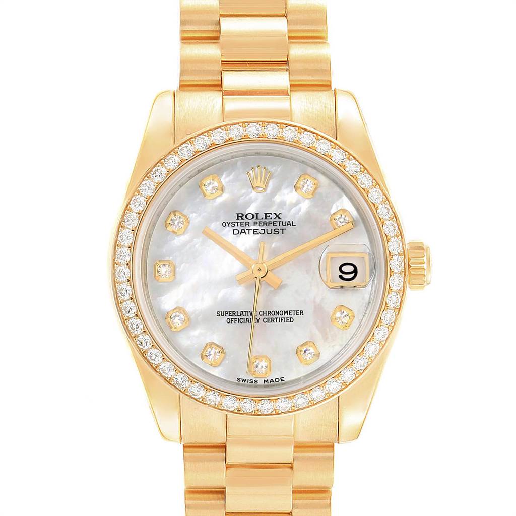 The image shows a front view of a Rolex President 178288 Women's Yellow Gold Mother of Pearl Dial 178288 Women's Yellow Gold Mother of Pearl Dial Datejust watch with a gold bezel and diamond hour markers.