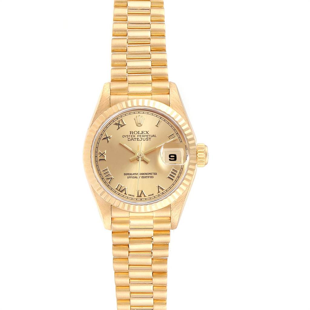 The image shows a frontal view of the Rolex President 69178 Women's Yellow Gold Champagne Dial 69178 Women's Yellow Gold Champagne Dial model watch, highlighting the gold bracelet, face, and date window.
