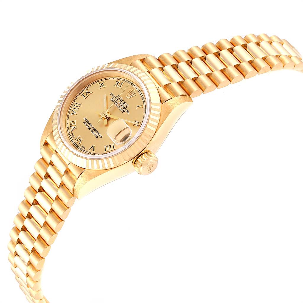 This image shows a side view of a Rolex President 69178 Women's Yellow Gold Champagne Dial 69178 Women's Yellow Gold Champagne Dial model watch, highlighting the face, crown, and bracelet.