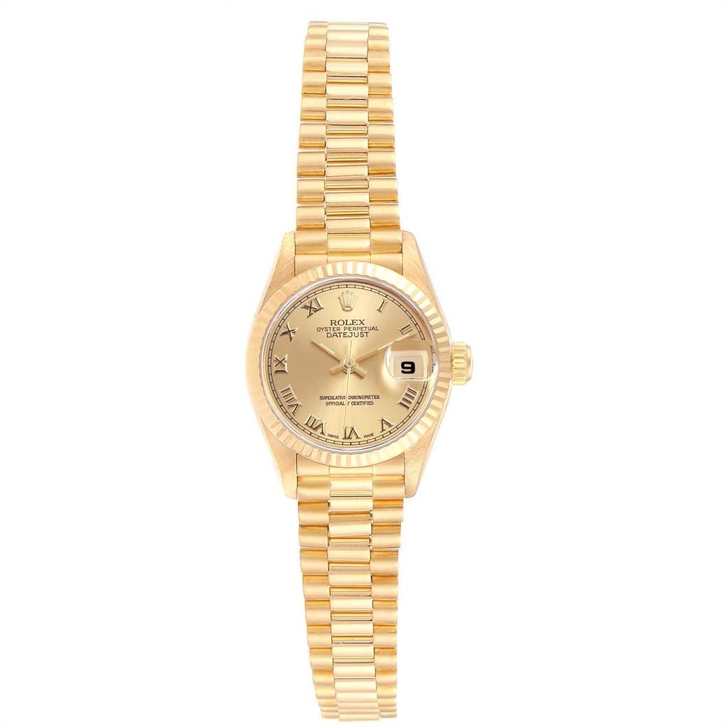 This image shows the front view of a Rolex President 69178 Women's Yellow Gold Champagne Dial 69178 Women's Yellow Gold Champagne Dial model watch, displaying the dial, fluted bezel, and bracelet.