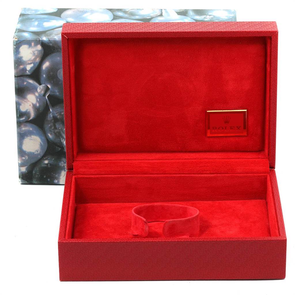 The image shows an empty red Rolex President 69178 Women's Yellow Gold Champagne Dial 69178 Women's Yellow Gold Champagne Dial model watch box and cushion, viewed from the front.