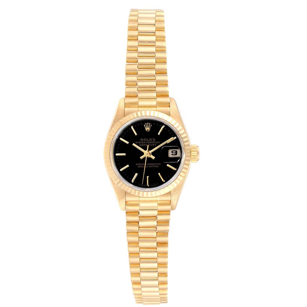 The image shows a Rolex President 69178 Women's Yellow Gold Black Dial 69178 Women's Yellow Gold Black Dial model watch with a gold band and black dial, viewed from the front.