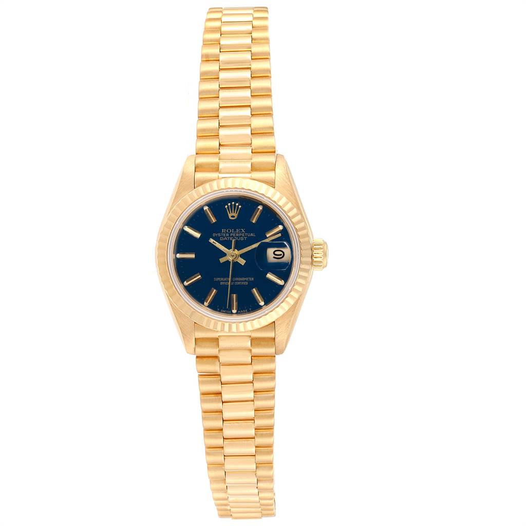 This image shows a front view of a Rolex President 69178 Women's Yellow Gold Blue Dial 69178 Women's Yellow Gold Blue Dial model watch featuring a gold bracelet and a blue dial.
