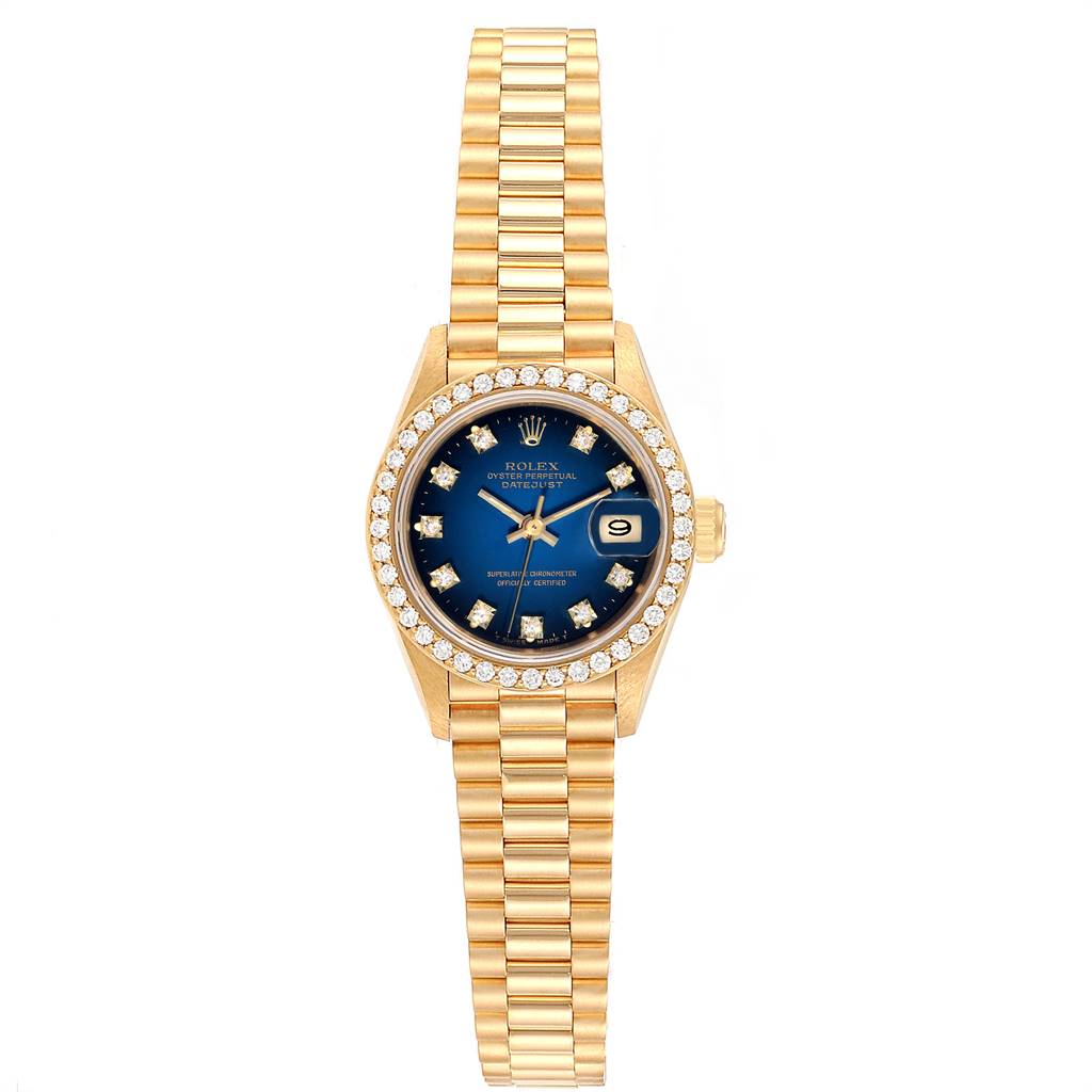 The image shows a frontal view of a Rolex President 69138 Women's Yellow Gold Blue Dial 69138 Women's Yellow Gold Blue Dial model watch, highlighting its face, bezel, and bracelet.