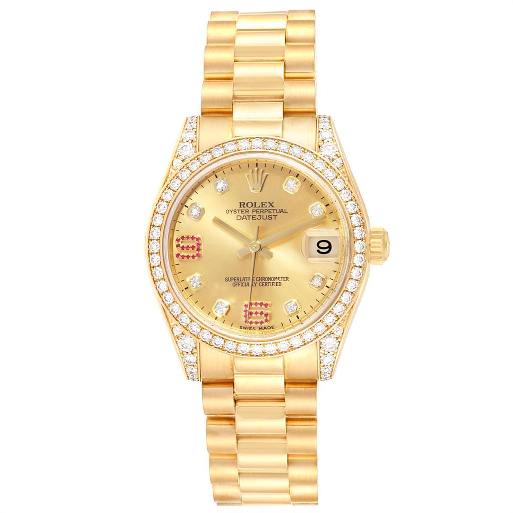 The image shows a front view of the Rolex President 178158 Women's Yellow Gold Champagne Dial 178158 Women's Yellow Gold Champagne Dial model watch, highlighting the gold bracelet, diamond-studded bezel, and dial.