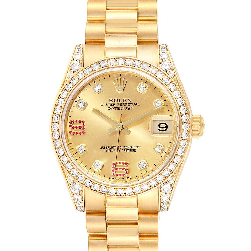 Rolex President 31 Midsize Yellow Gold Diamond Ruby Ladies Watch 178158 SwissWatchExpo