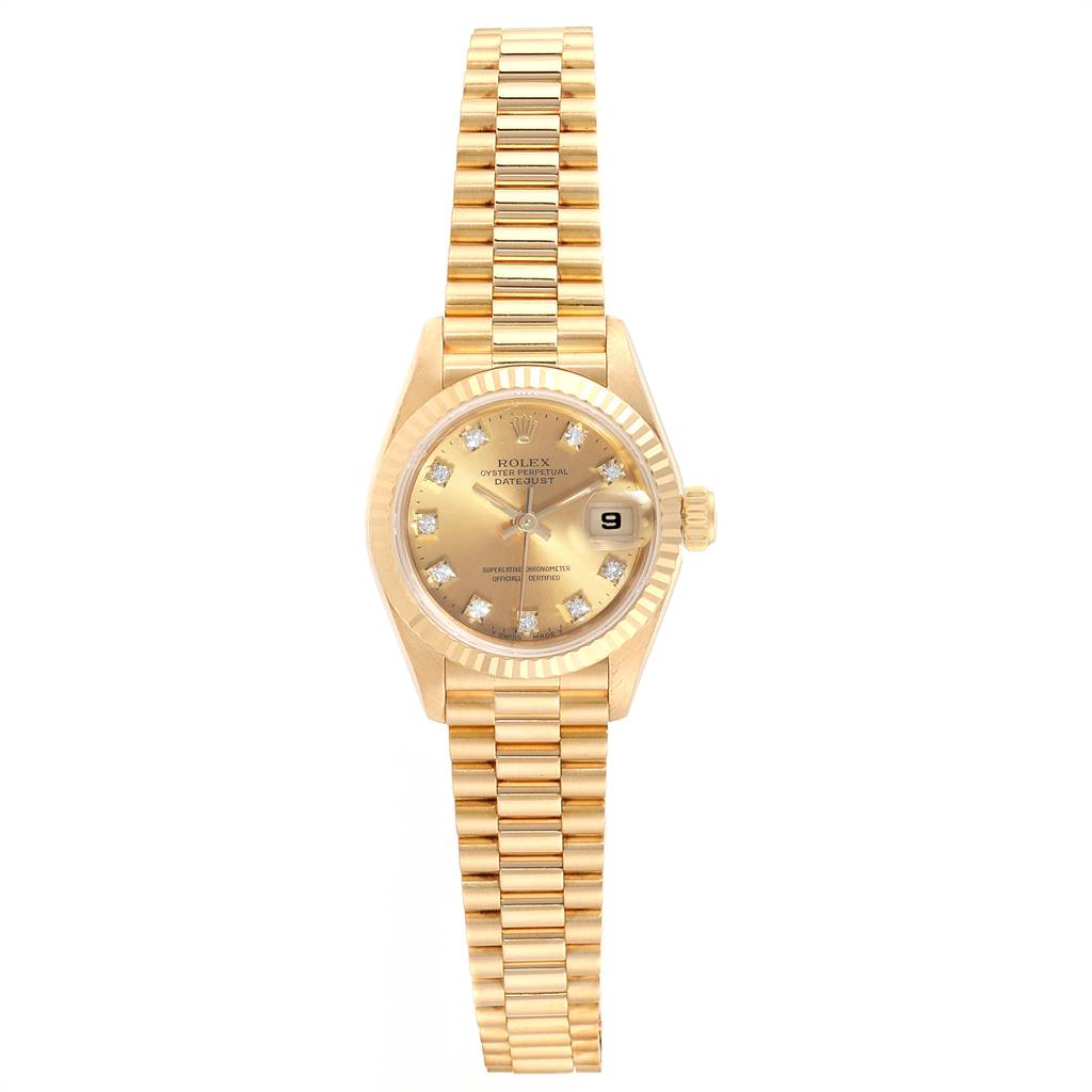 This image shows a Rolex President 69178 Women's Yellow Gold Champagne Dial 69178 Women's Yellow Gold Champagne Dial watch model from the top view, displaying the dial, bezel, bracelet, and crown.
