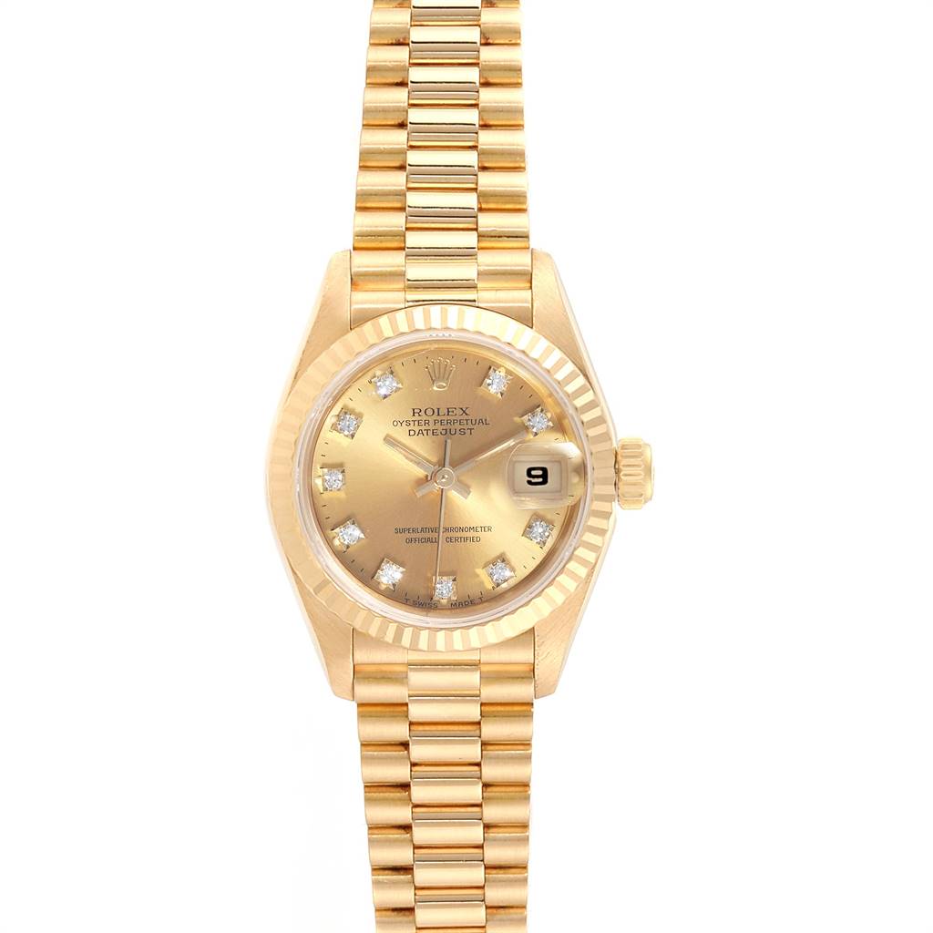 This image displays a Rolex President 69178 Women's Yellow Gold Champagne Dial 69178 Women's Yellow Gold Champagne Dial model watch front-on, showcasing its dial, bracelet, and date window.