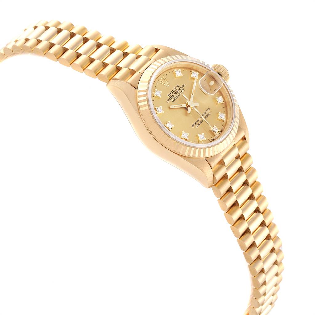 The image shows a side view of a Rolex President 69178 Women's Yellow Gold Champagne Dial 69178 Women's Yellow Gold Champagne Dial model watch, highlighting the gold bracelet and diamond-studded dial.