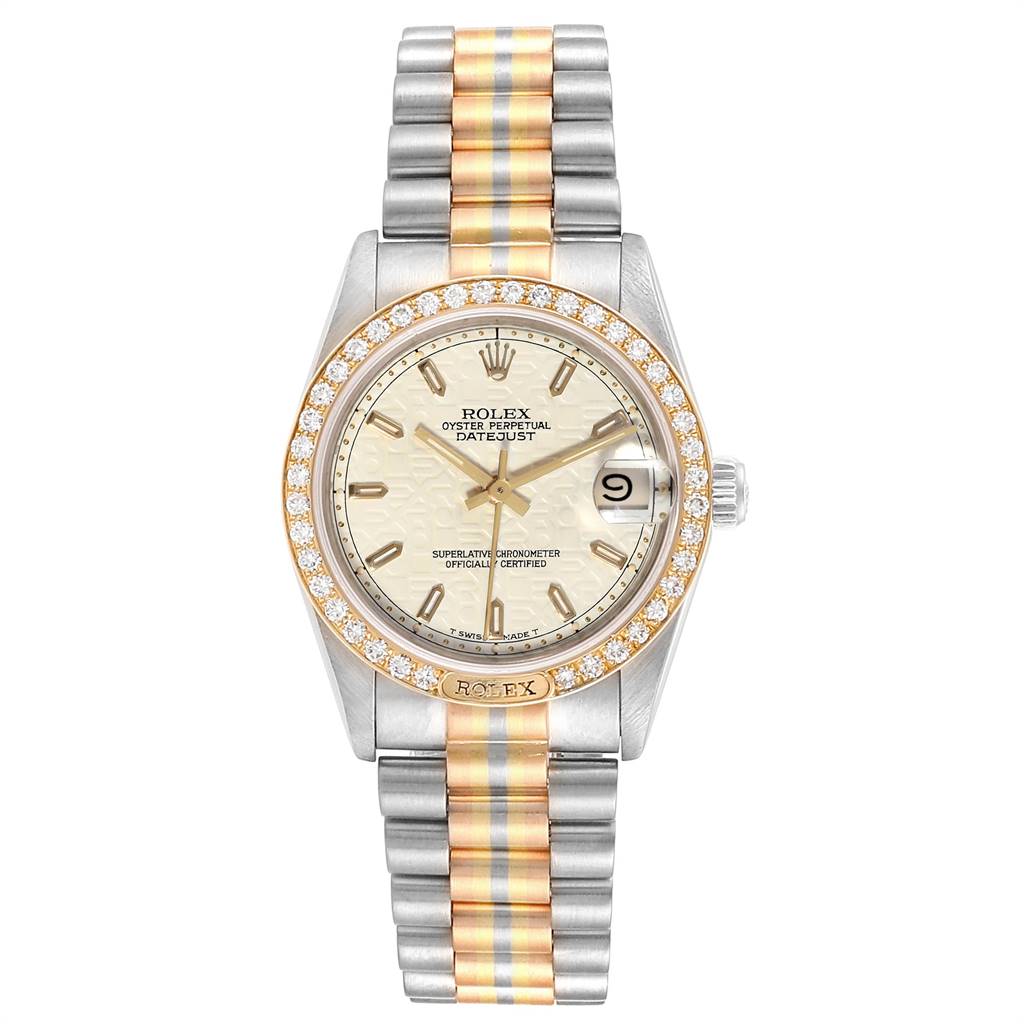 This image shows a front angle of the Rolex President 68149 Women's White Gold Beige Dial 68149 Women's White Gold Beige Dial model watch, highlighting its face, bezel, and band.