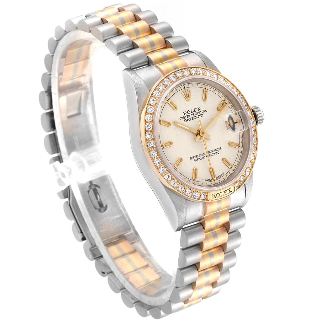 The image shows a Rolex President 68149 Women's White Gold Beige Dial 68149 Women's White Gold Beige Dial model watch at a slight angle, highlighting the face, bezel, and two-tone bracelet.