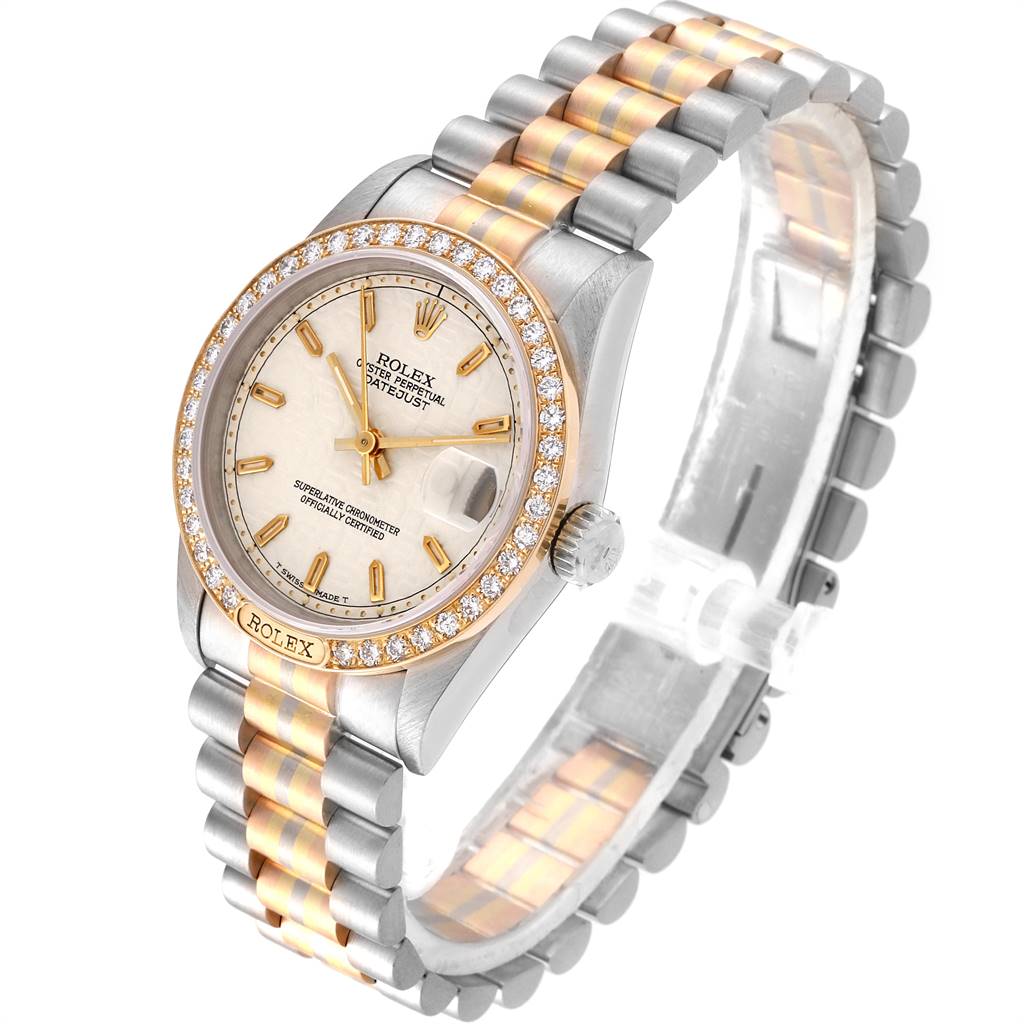 The Rolex President 68149 Women's White Gold Beige Dial 68149 Women's White Gold Beige Dial model watch is shown at a slightly tilted angle, featuring its face, bezel, crown, and two-tone bracelet.